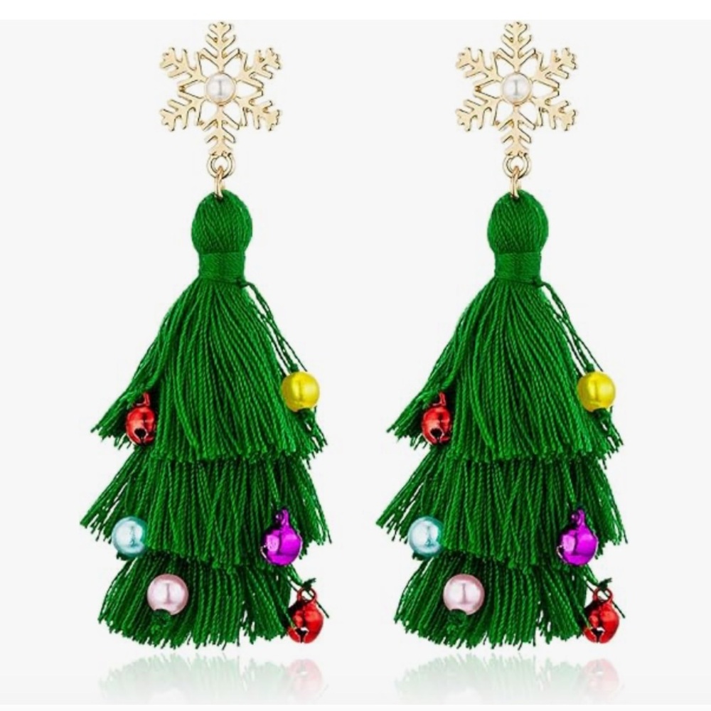 Unbranded Christmas Tree Tassel Beaded Earrings gold green blue red faux pearl - Picture 5 of 13